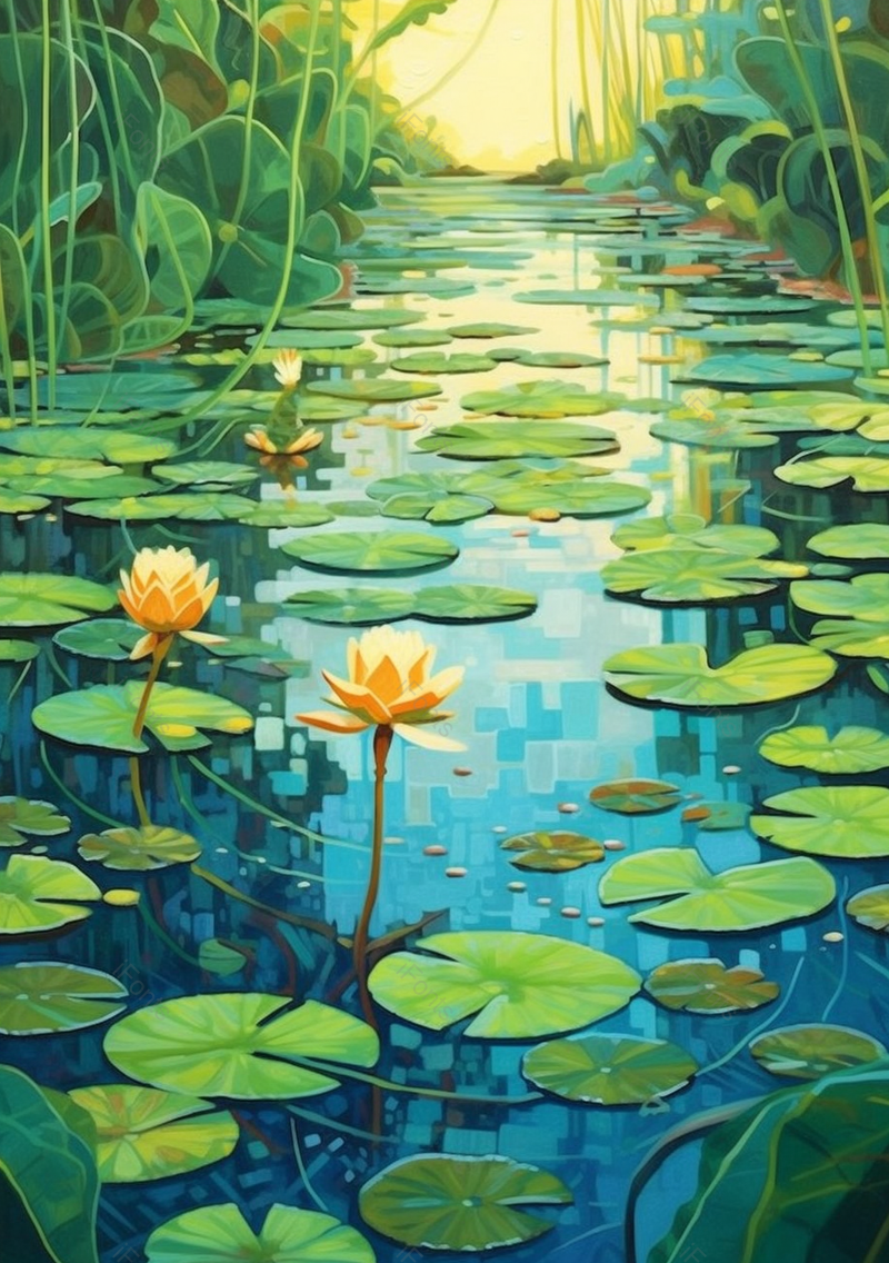 绿色夏天盛开黄色荷花的荷塘插画,插画/手绘图,插画/手绘图库,插画/手绘图下载,插画/手绘